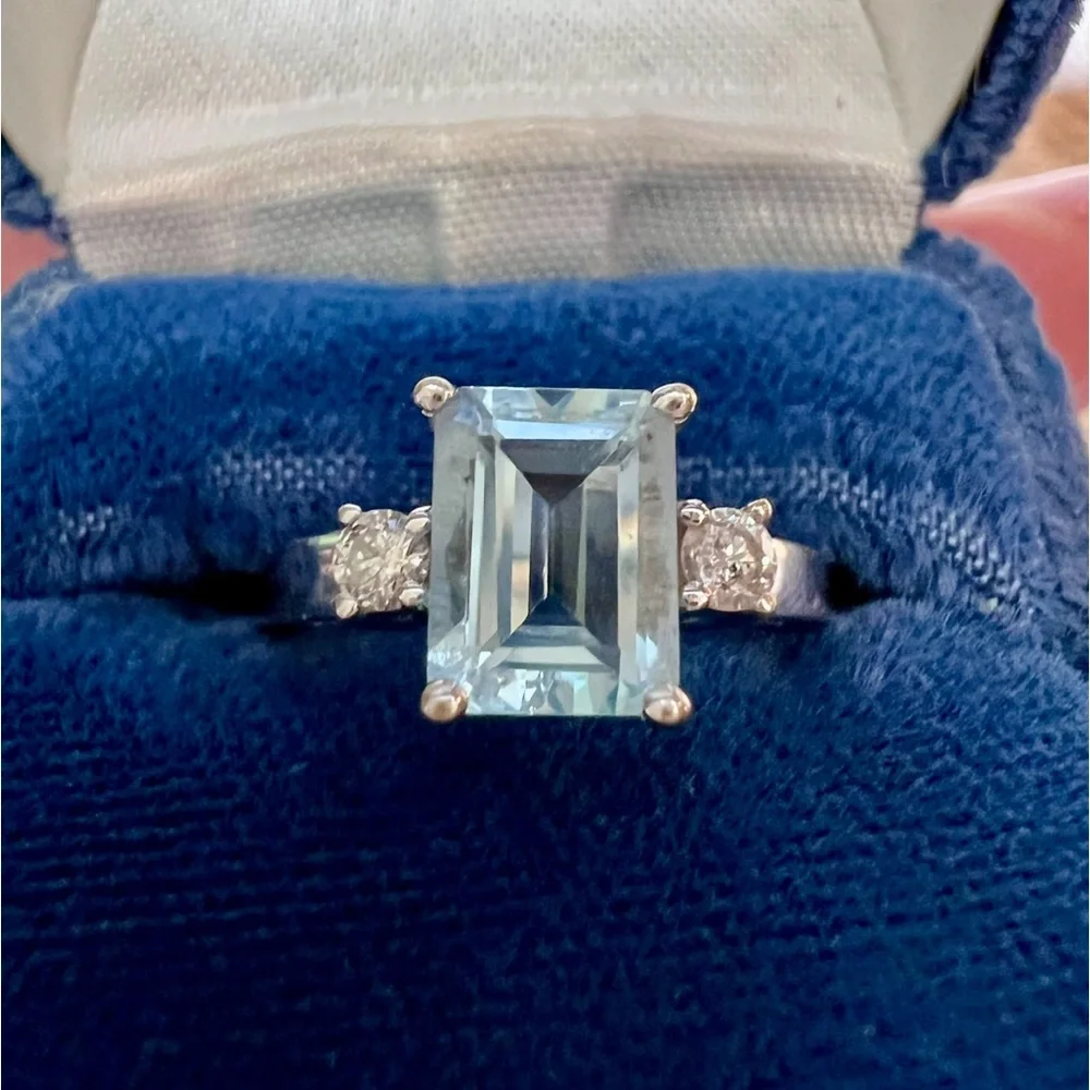 ❌SOLD❌ Vintage Aquamarine Diamond Ring Solid 14K Gold White Gold Emerald cut - Picture 16 of 17